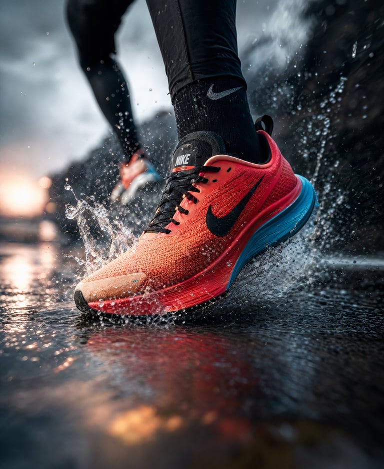 Nike running shoes splashing through water on a wet road at sunset during an outdoor workout.