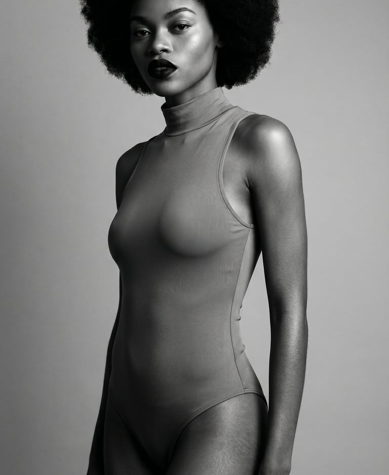 Black and white portrait of a Black woman with a natural afro hairstyle wearing a sleek bodysuit.