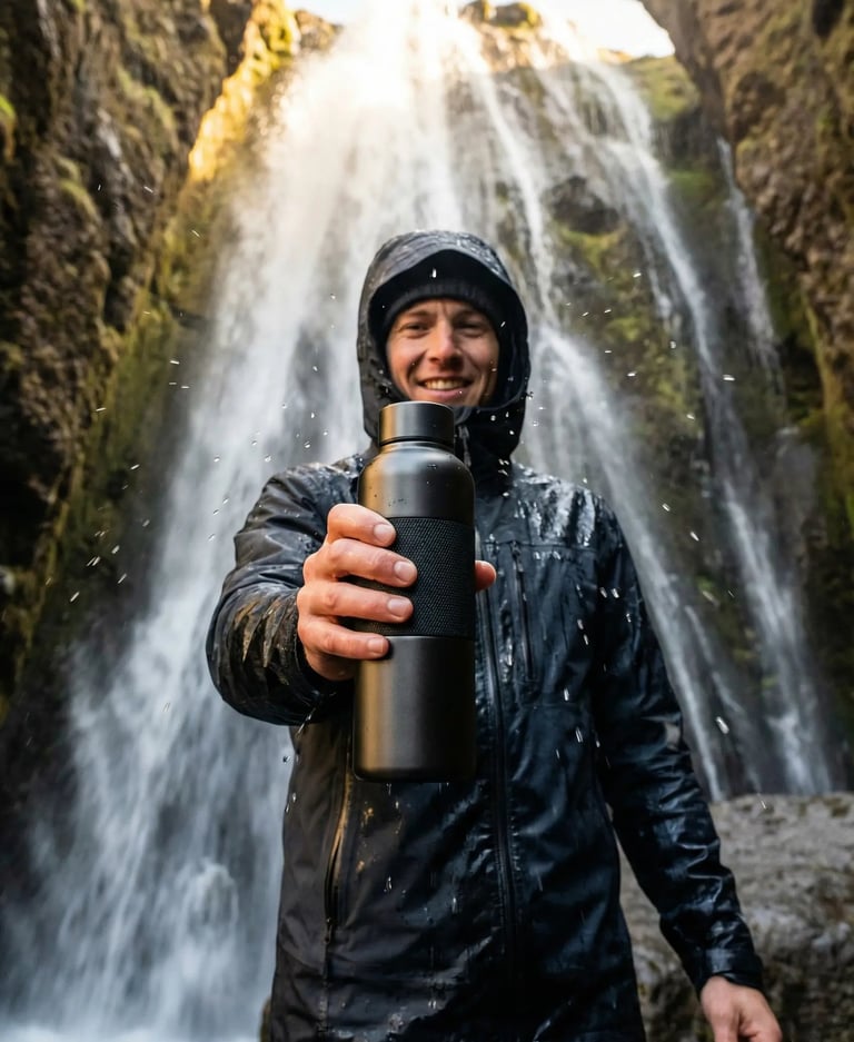 Smiling hiker holding a black reusable water bottle in front of a majestic Icelandic waterfall.