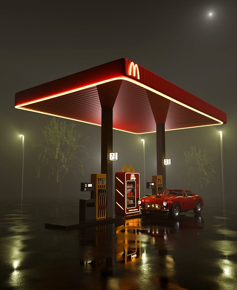 Gasolinera de McDonald's, con un coche, el suelo mojado y la máquina expendedora de la marca.