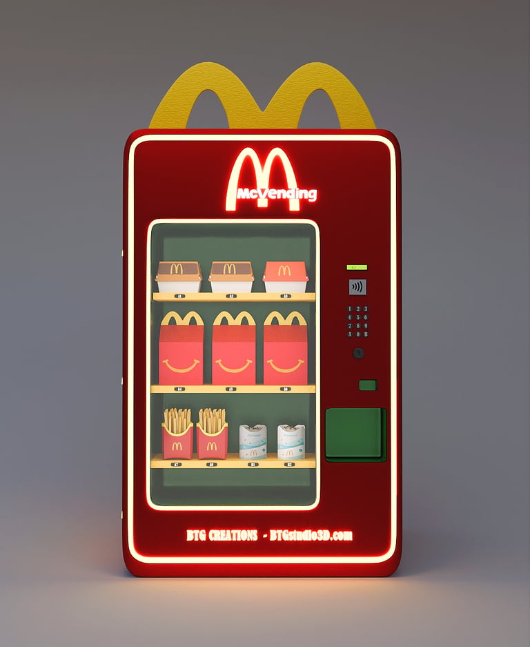 Concepto de máquina expendedora de McDonald's con sus productos en el interior. 