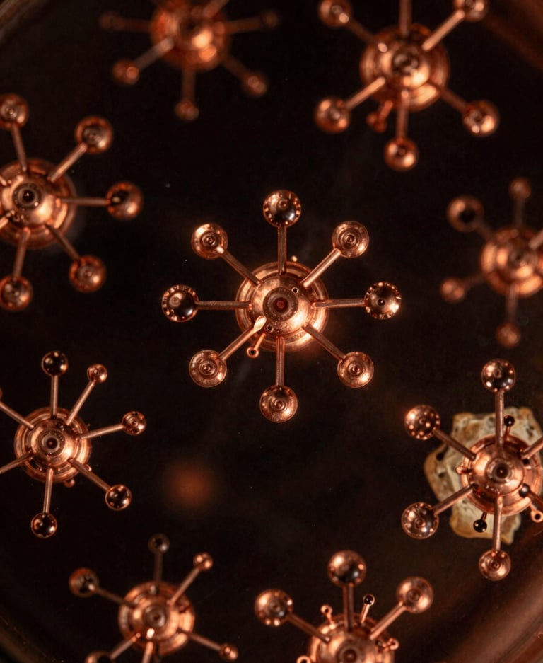 Macro shot of liquid crystal arrays under copper light, abstract high-spin atomic structures, dark alchemical photography, dramatic low-key copper lighting, deep obsidian and warm parchment tones, macro lens, high contrast, archival scientific aesthetic