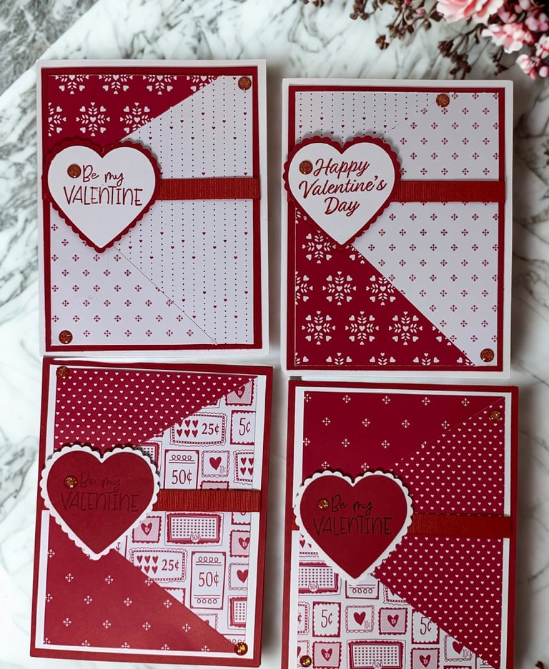 Set of 4 red and white Valentine cards in tri panels