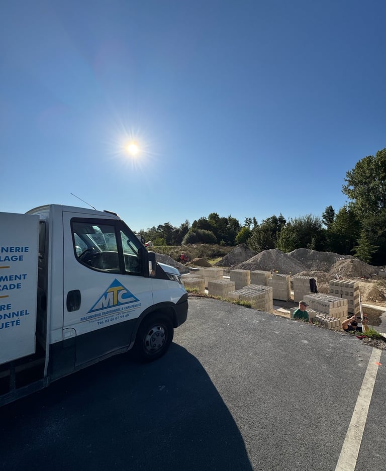 Un camion de chantier MTC garé sur un chantier de maçonnerie, avec des palettes de parpaings à Reims