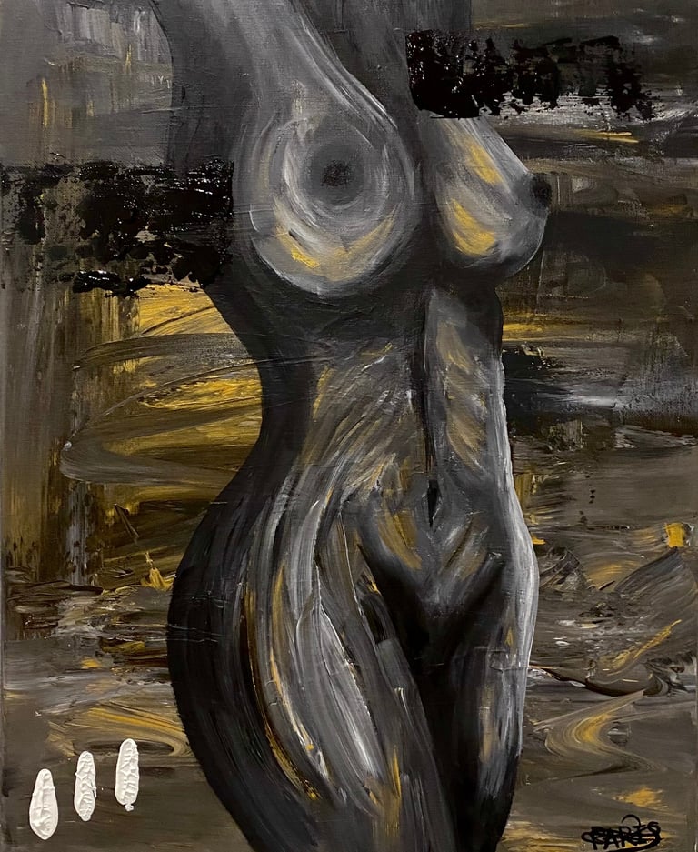 une peinture abstraite et sombre du corps d'une femme nue de face