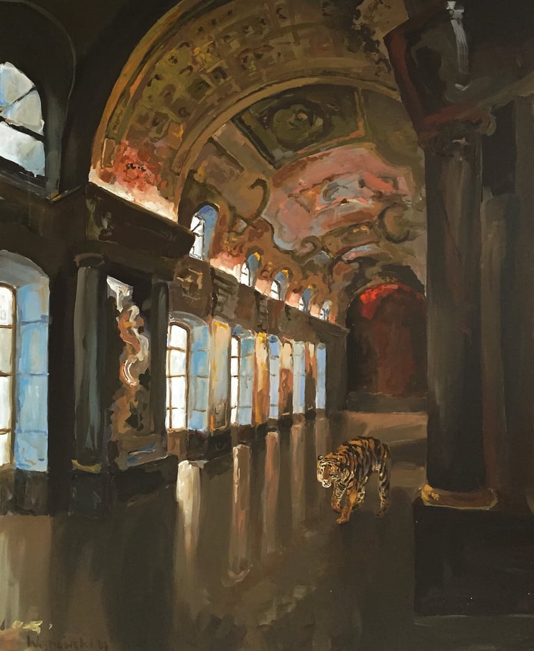 a painting of a corridor in a hostoric mansion  with a tiger
