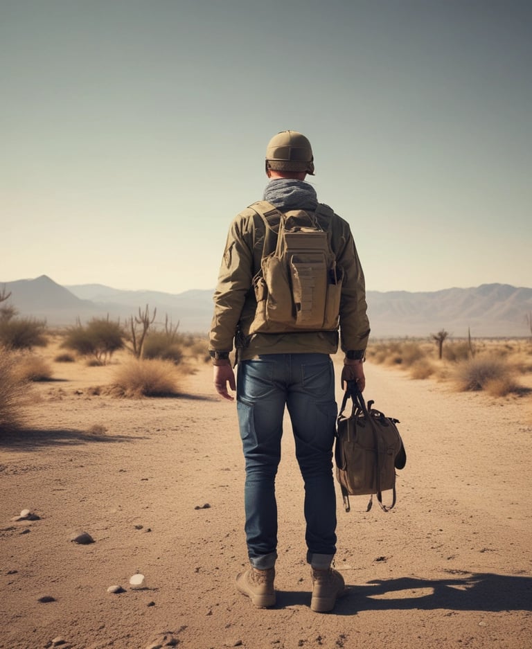 a man in a hat and jacket walking in the desert