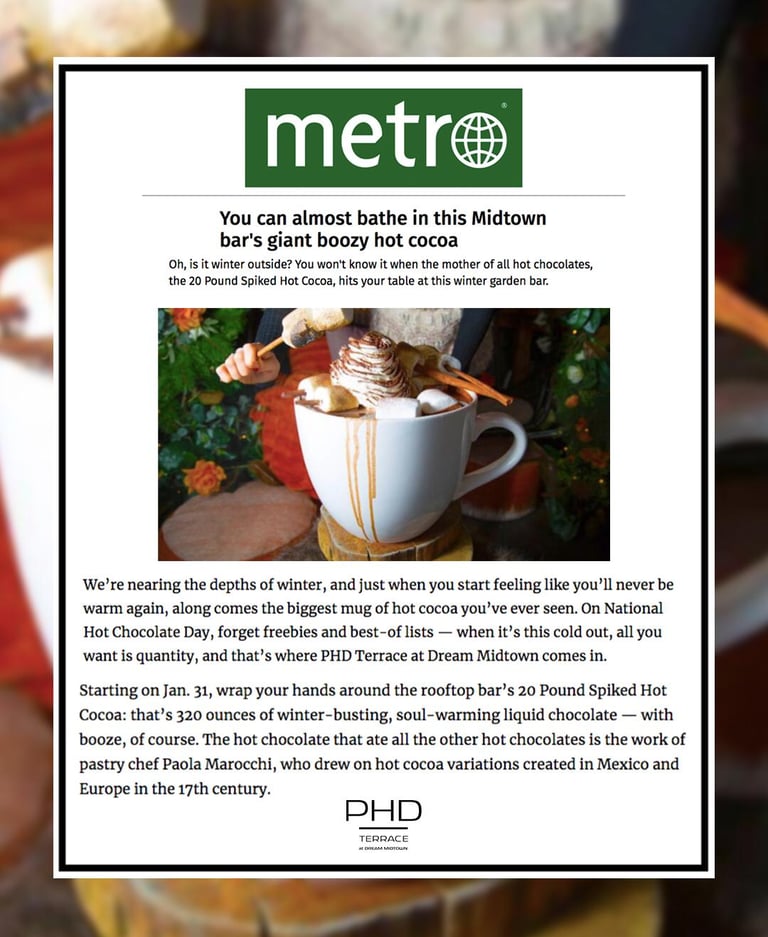 a boozy hot chocolate being served at a rooftop bar in nyc 