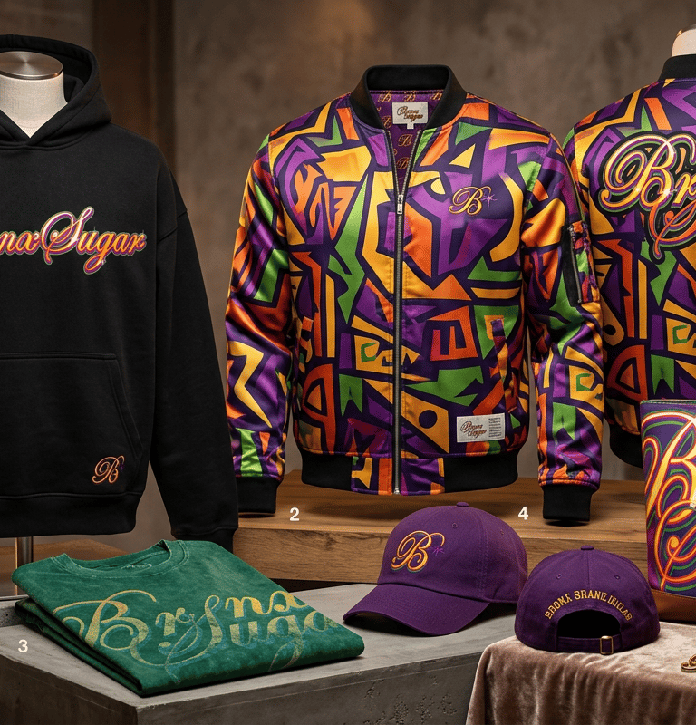 Bronx Sugar streetwear collection featuring a black hoodie, colorful geometric bomber jackets, and purple baseball caps.