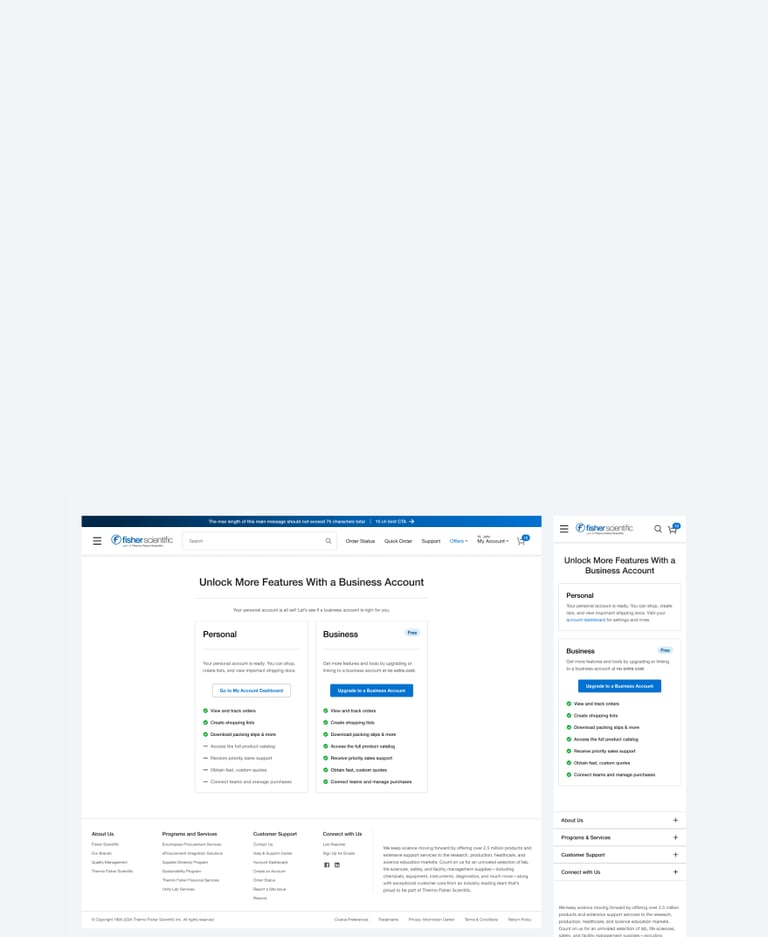 Comparison of Fisher Scientific personal and business account features on desktop and mobile web layouts.