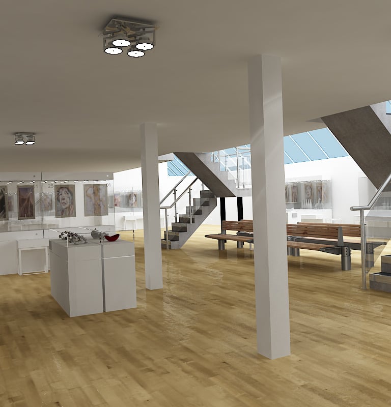 Modern art gallery interior with hardwood floors, white display cases, and a minimalist staircase design.