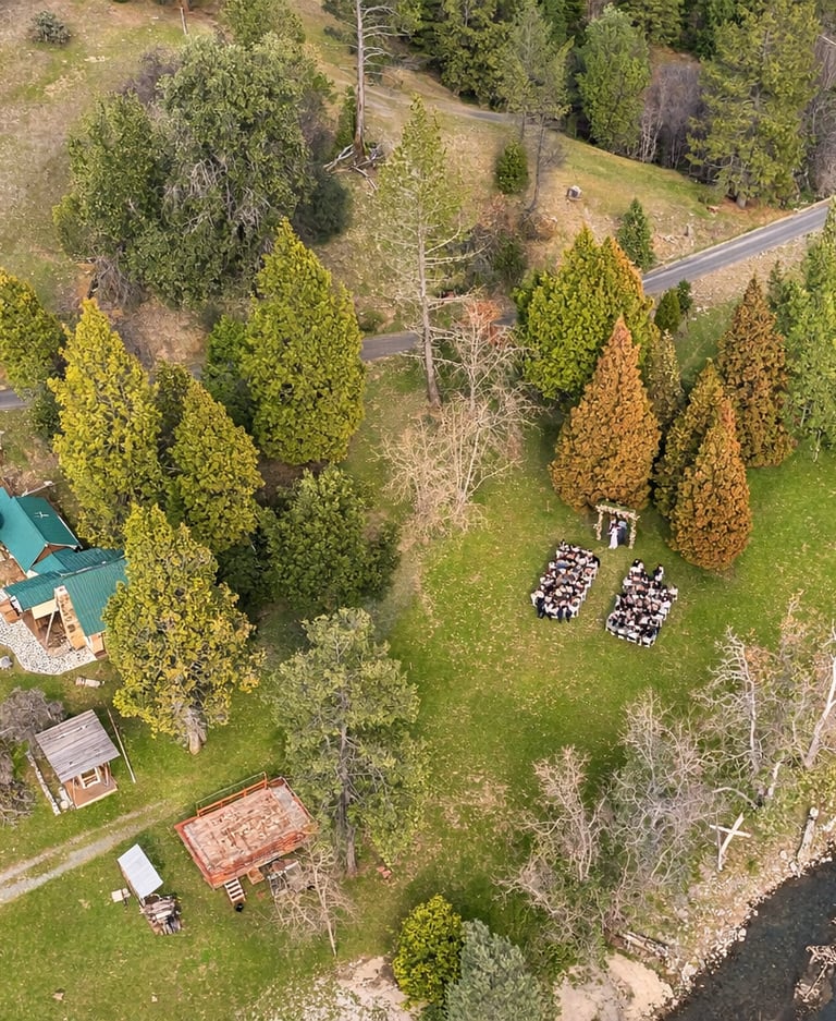 Birdseye view of wedding ceremony at Creekside Meadow at Kowana Valley
