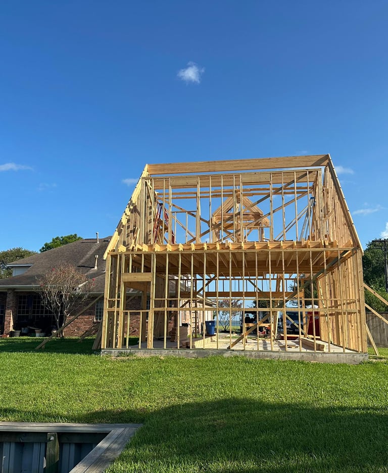 “Framing stage new home build managed by general contractor in Houston, TX”