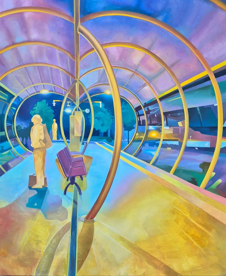Nachtkehr; Öl auf Leinwand; futuristisches Gemälde einer Bahnstation