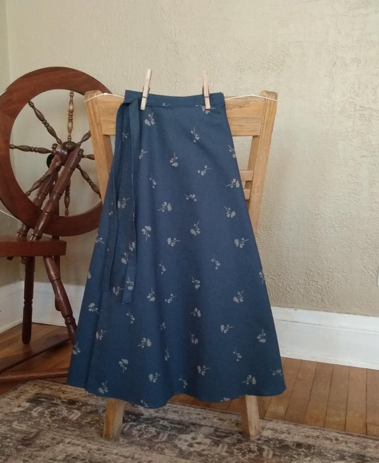 handmade dusky blue cotton calico wrap skirt for sale