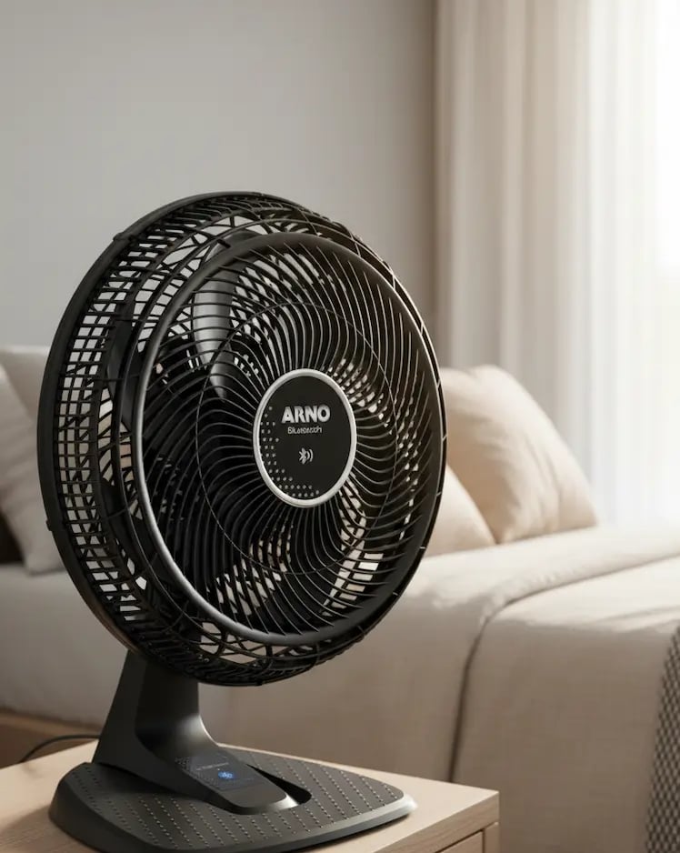 Black Arno Bluetooth desk fan on a wooden nightstand in a modern bedroom.
