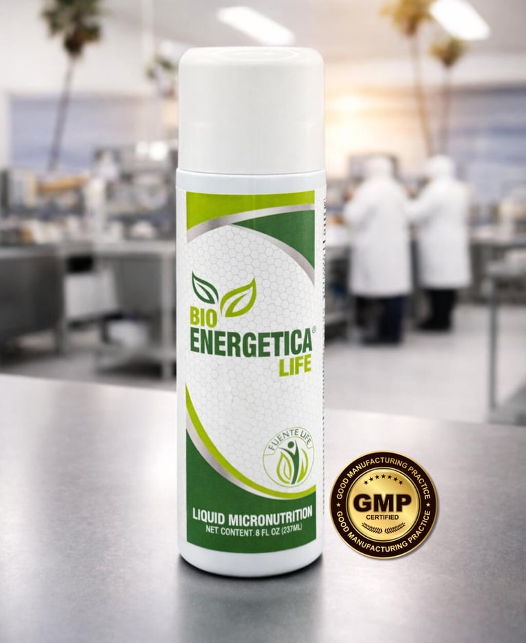Bioenergetica Life liquid micronutrition bottle in laboratory setting with GMP certification badge
