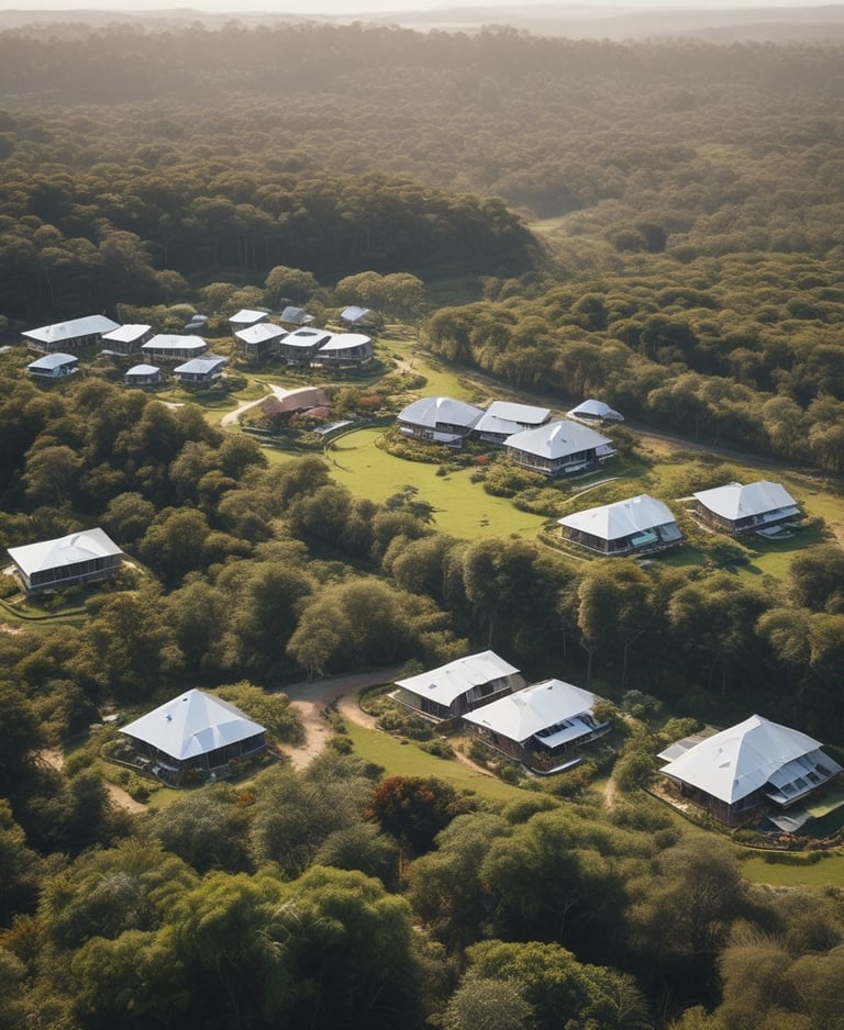 A cluster of small houses is nestled in a lush, green valley surrounded by dense forest. The landscape features rolling hills with abundant trees, creating a serene and secluded atmosphere. The buildings are rustic and blend harmoniously with the natural environment.