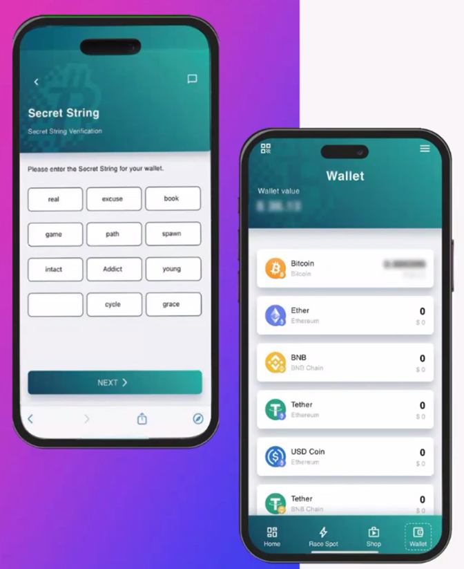 Mining Race App secret string en wallet