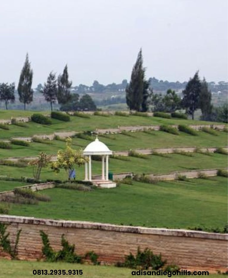 Makam San diego hills memorial karawang dengan landscape lembah hijau 