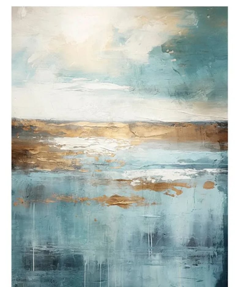 Abstract coastal landscape oil painting with blue, white, and gold textured brushstrokes.