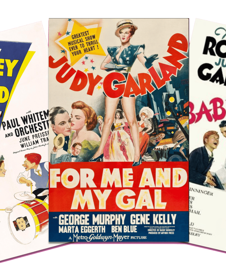 Poster collage for Strike Up the Band, For Me and My Gal, and Babes in Arms, starring Judy Garland a