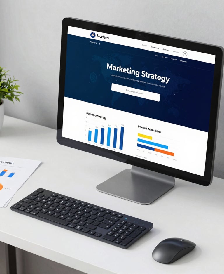 Un escritorio con un computador mostrando análisis métrico de una estrategia de marketing digital