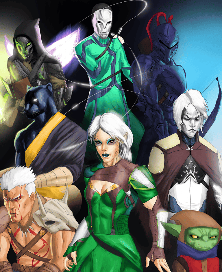 a digital drawing of a group of animation type characters in costumes