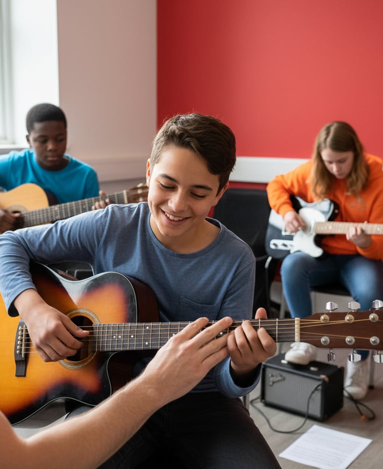 a teens playing guitar in a room