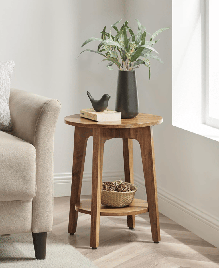 Side Table, 2-Tier Small Round End Table, Nightstand with Tapered Legs, Curved Transitions, for Smal