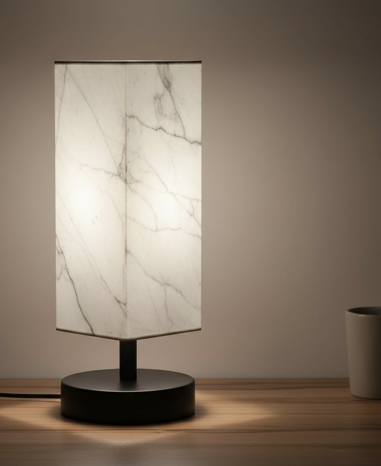 Modern white marble square table lamp with black base illuminating a wooden desk.