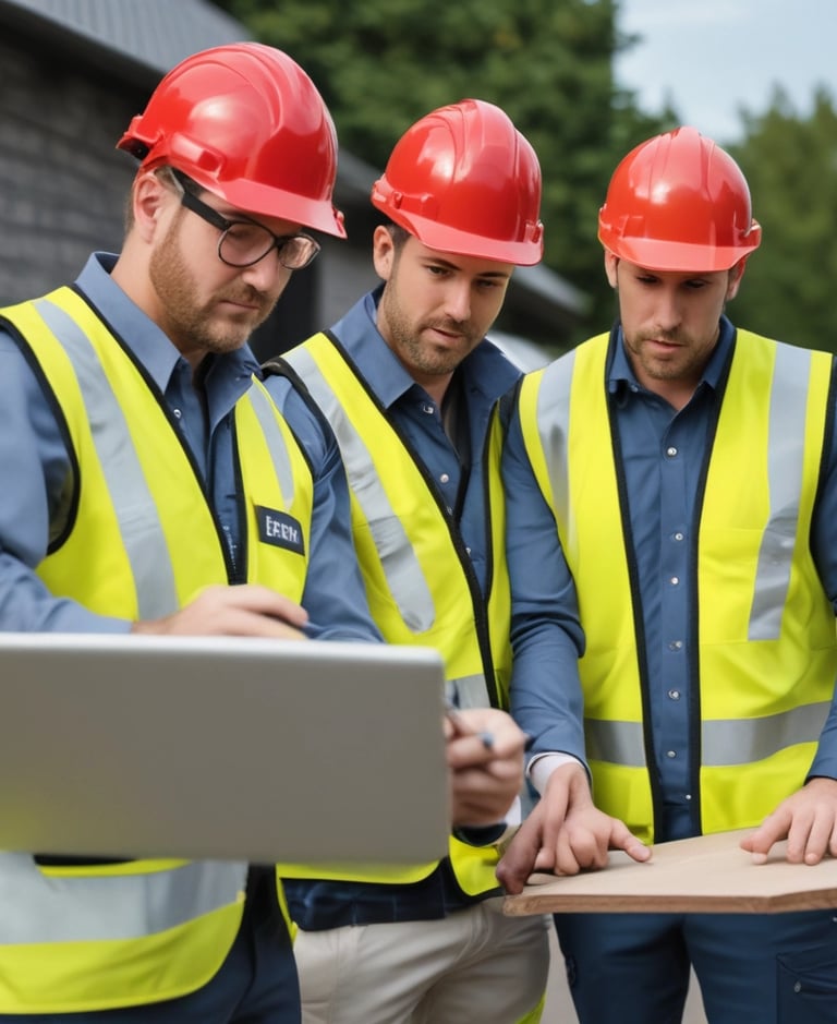 Professional contractor in safety gear appearing on a computer screen for a virtual consultation.