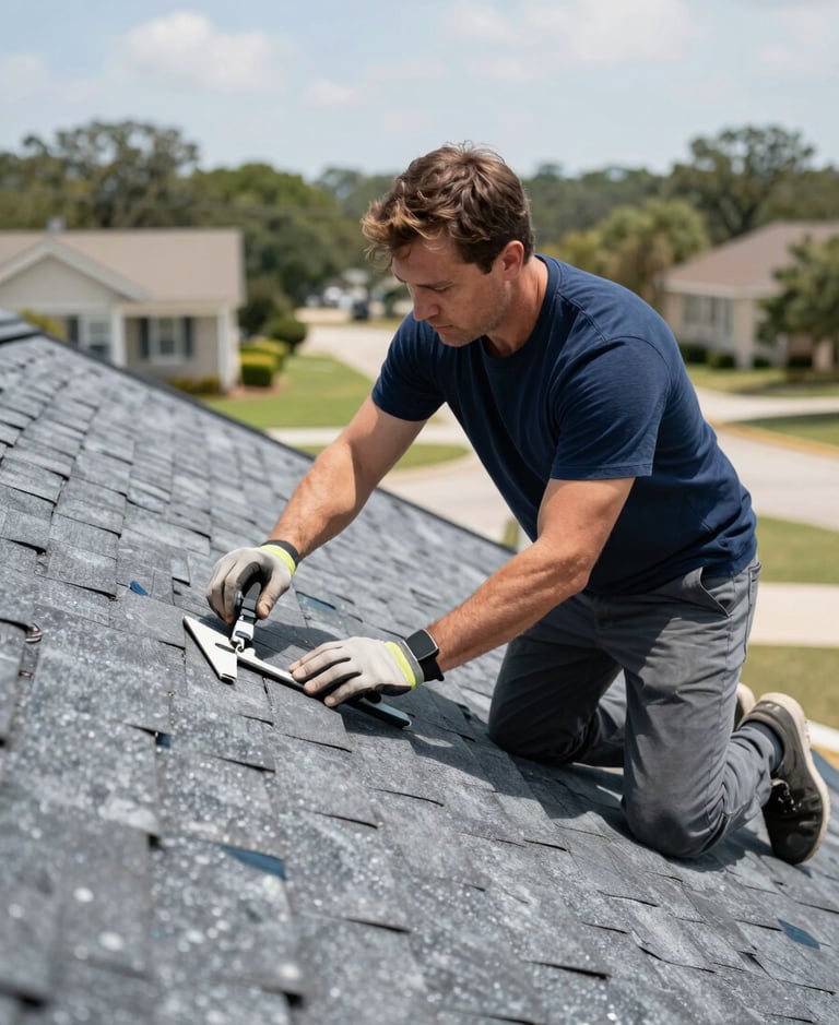 Professional roofer inspecting a shingle roof in bright Texas daylight, Bryan-College Station neighborhood backdrop, mid-to-close-up action shot.