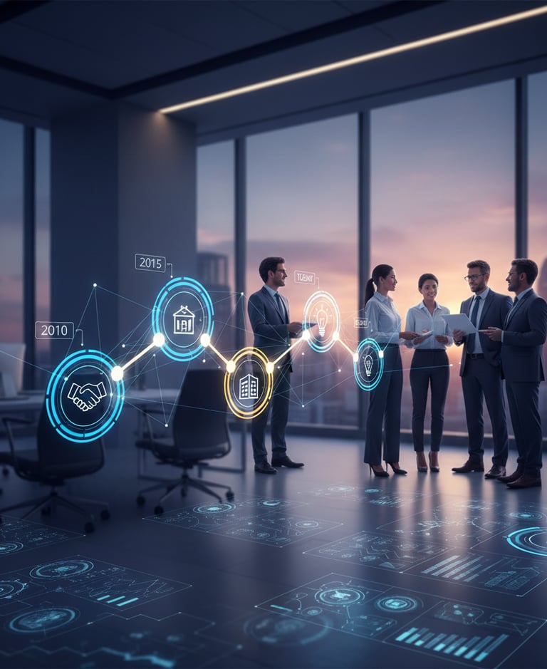 Linha do tempo digital da empresa com marcos de 2010 a hoje. Executivos discutindo o futuro.