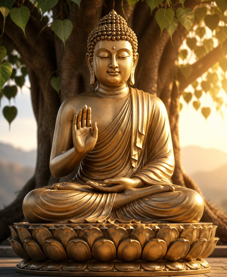 Golden Buddha statue sitting in meditation under a Bodhi tree at sunrise.