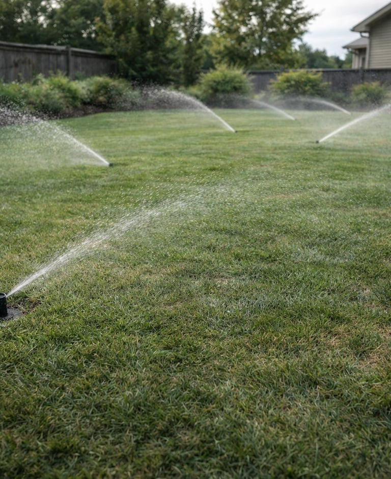 Automatic pop-up sprinkler system watering a lush green residential lawn in a backyard.