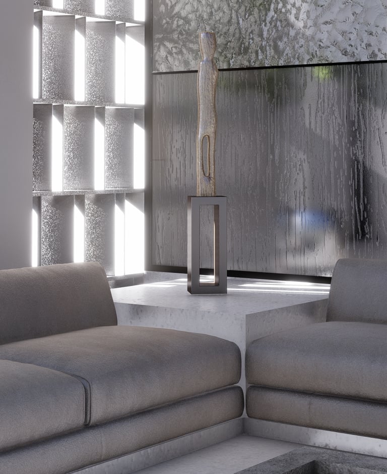 The arrangement of gray sofas and a standing sculpture in front of a modern, textured wall.