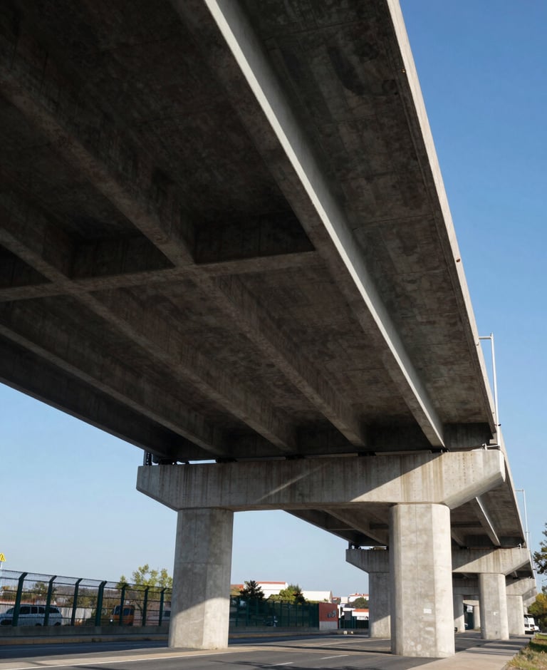 Wide-angle ground-level view of a completed steel-and-concrete highway overpass under sharp midday sun, geometric shadow patterns cast across the underside of the deck, clear blue sky, no people