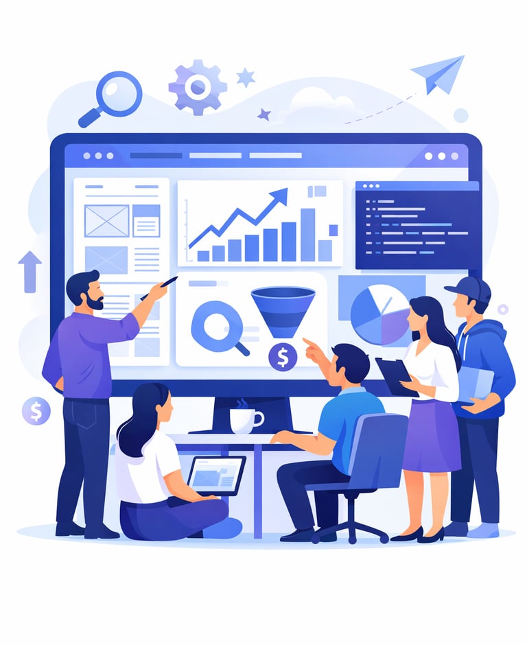 A team of data analysts reviewing marketing metrics, sales funnels, and growth charts on a large digital dashboard.