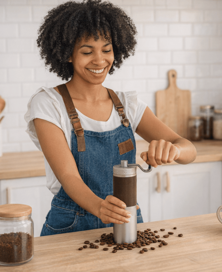 Mulher Moendo café na hora. A melhor experiência ao comprar café em grãos de café em Curitiba.