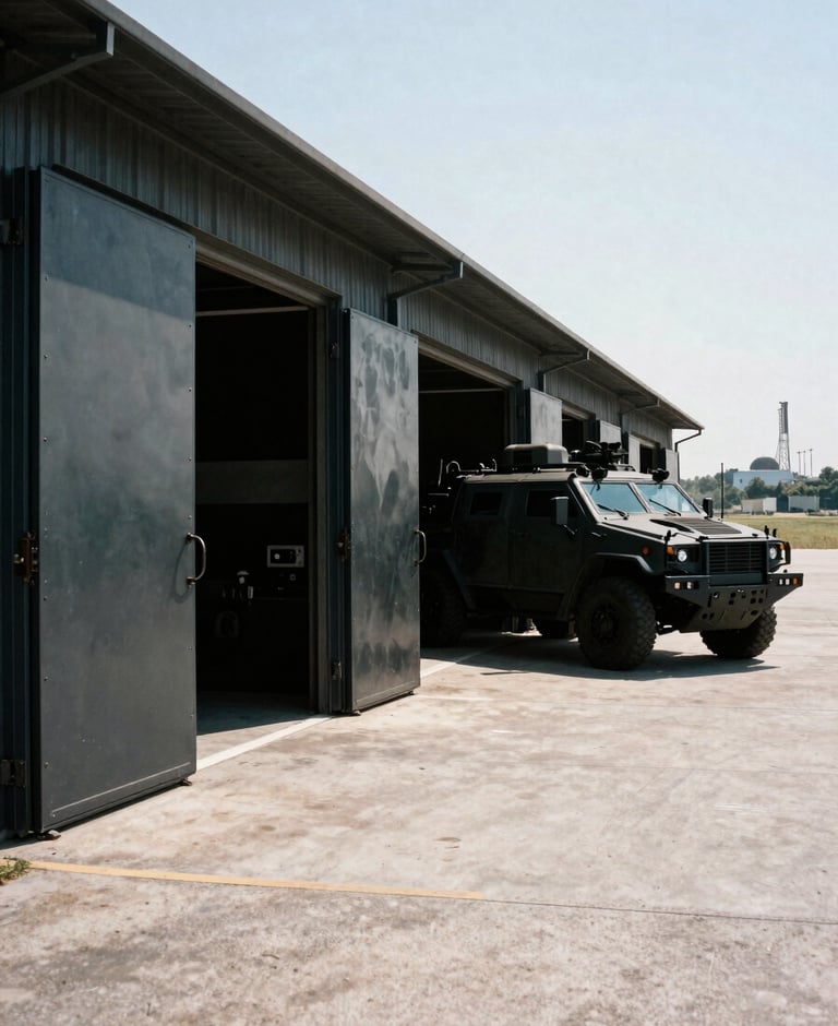 Wide panoramic shot of a tactical training facility's exterior, featuring heavy steel doors, a specialized armored vehicle, and a distant industrial landscape under harsh direct sunlight, gritty tactical photography.