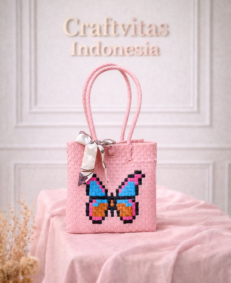Tas anyaman karakter kupu-kupu warna pink handmade cocok untuk souvenir