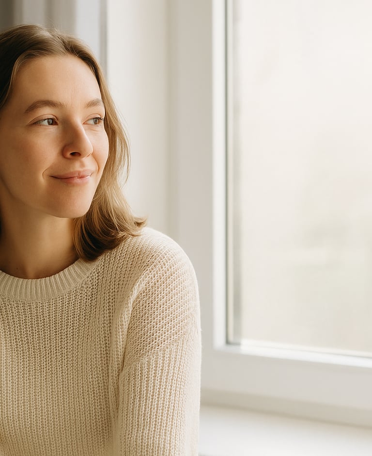 A young woman smiling in soft sunlight, representing hope and new beginnings in recovery.
