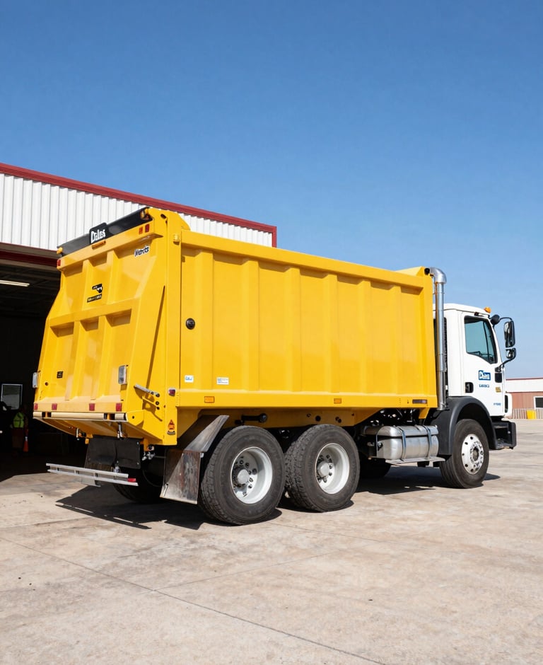 Low-angle heroic shot of a Dallas Dumpster Works heavy-duty roll-off truck, construction yellow, parked at the Pipestone Road depot entrance, professional driver in high-visibility gear standing by, harsh Texas midday sun, wide-angle lens.