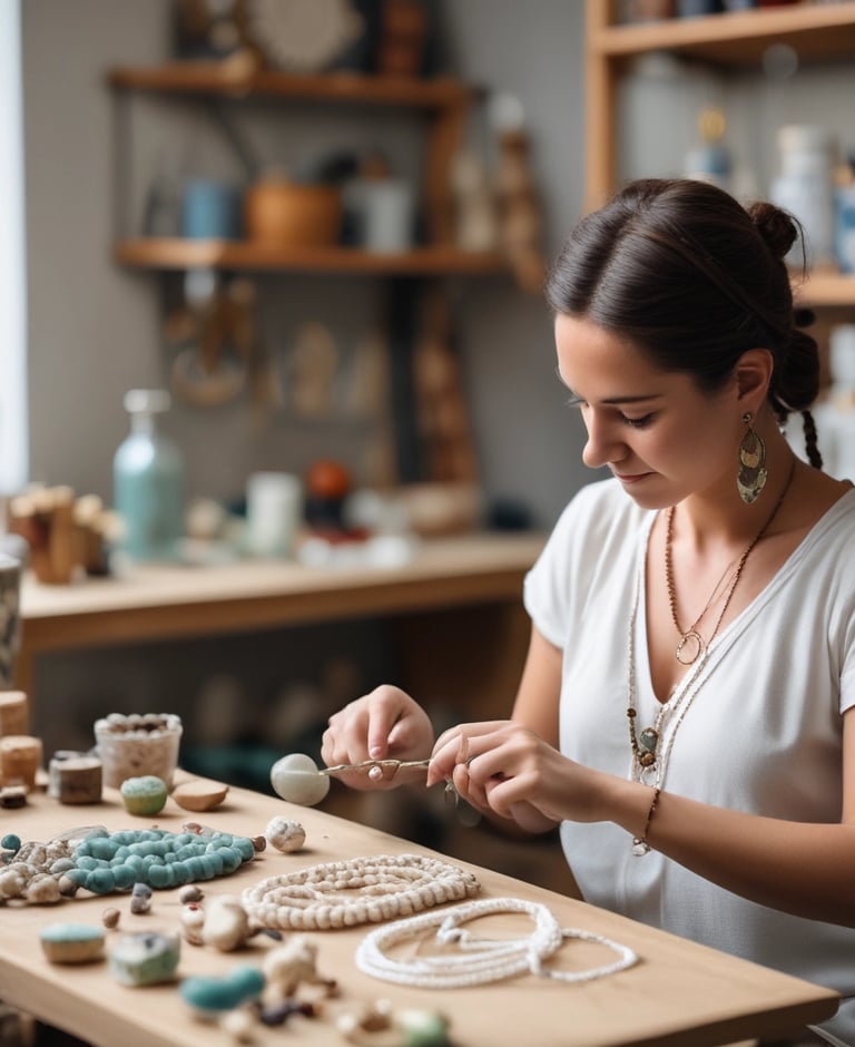 mujer creando joyas artesanales con piedras y materiales naturales en macrame