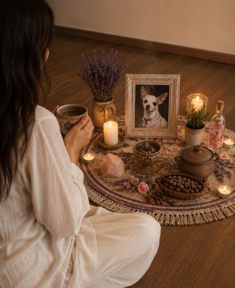 Una mujer sostiene cacao un altar conmemorativo de mascotas con vela, y una foto de un chihuahua