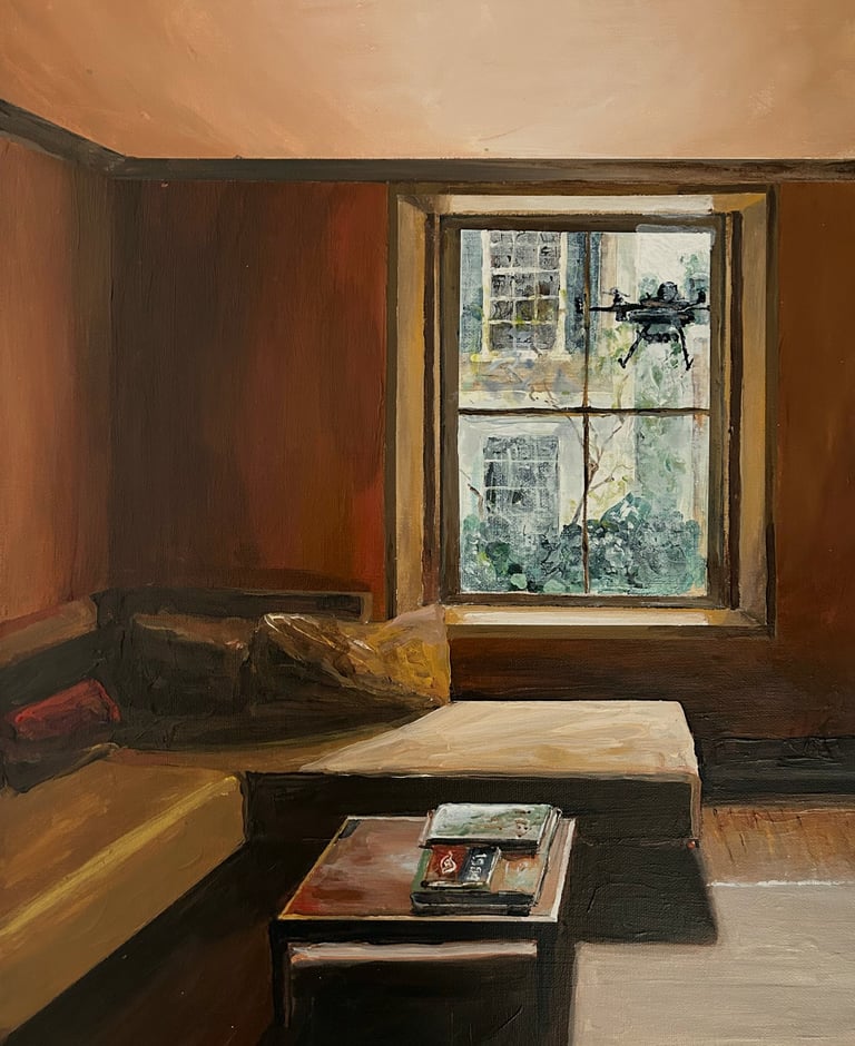 a painting of a living room with a couch and a coffee table drone is looking from outside
