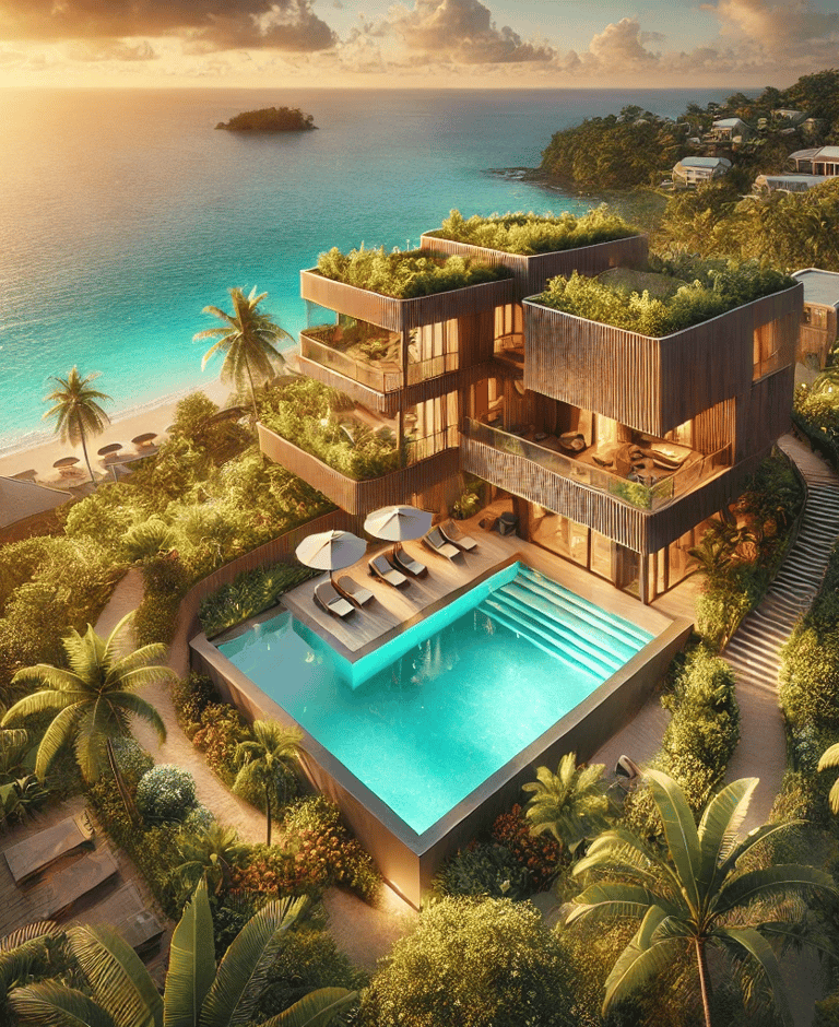 Vue aérienne d'un complexe hôtelier haut de gamme niché dans un jardin tropical luxuriant avec piscine, construit en bois dur