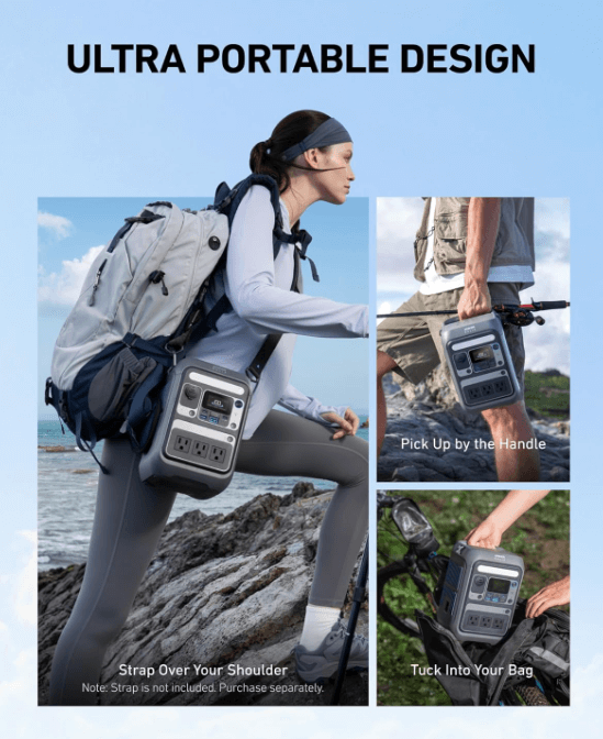 Anker SOLIX C300X lightweight power station charging devices at a campsite, ideal for weekend trips.