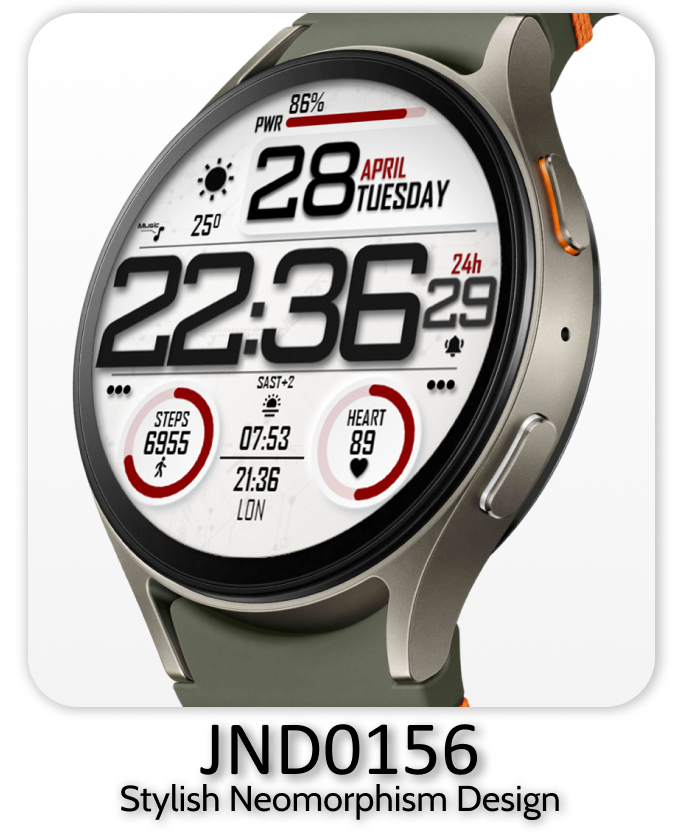 A stylish smartwatch with a neomorphic design, displaying time, date, steps, heart rate, and other fitness data.